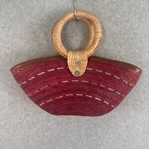 Handwoven Straw Tote Purse Red Natural Wicker Bag Circular Handle Boho Chic